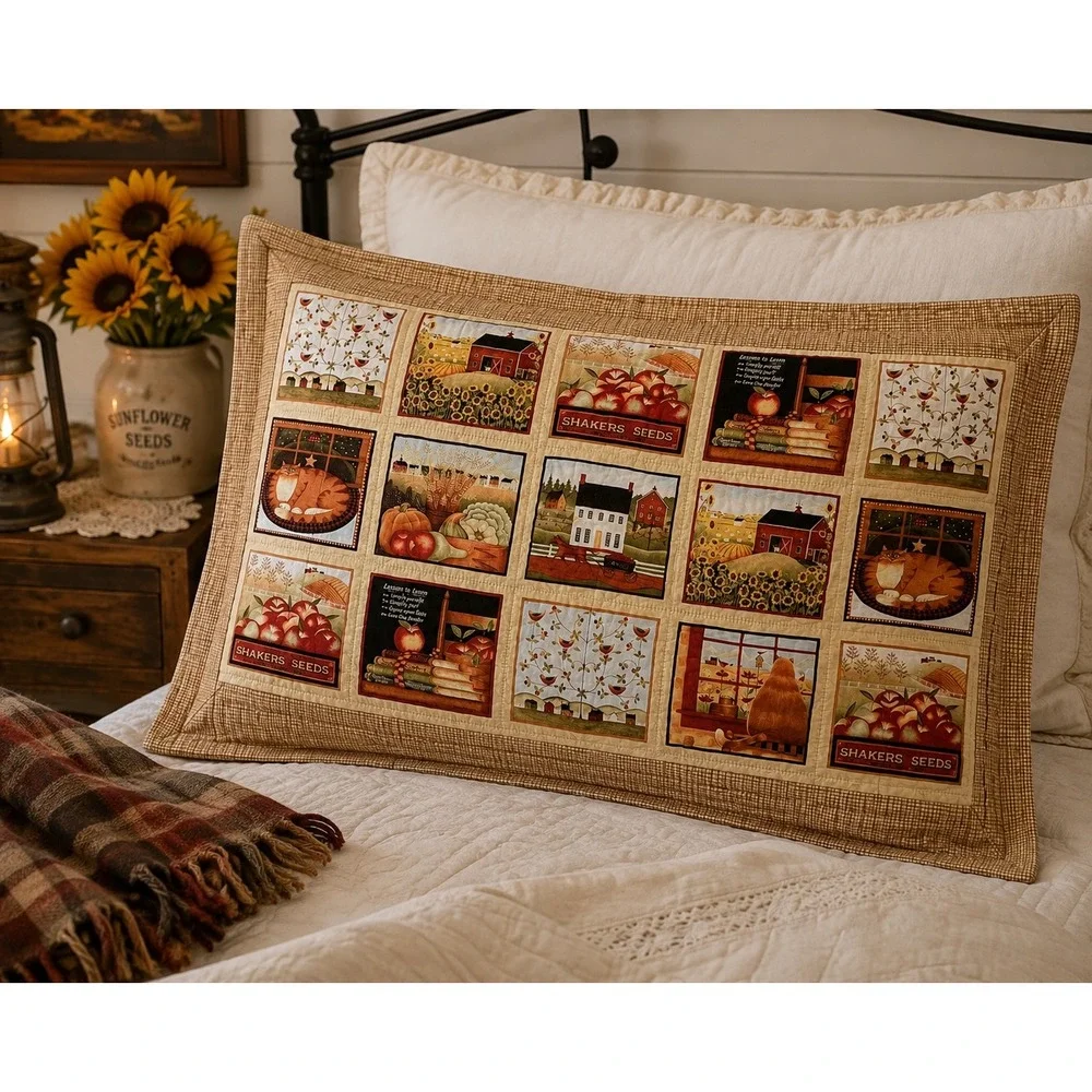 Handmade Quilted Pillow Sham Shaker Folk Art Farmhouse Cat Apple Country
